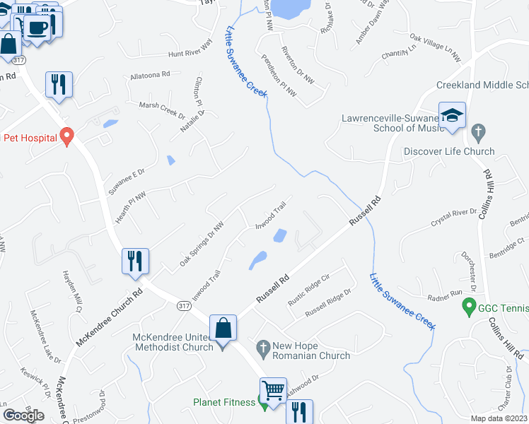 map of restaurants, bars, coffee shops, grocery stores, and more near Hickory Wood Court in Lawrenceville