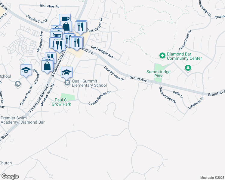 map of restaurants, bars, coffee shops, grocery stores, and more near 23520 Coyote Springs Drive in Diamond Bar