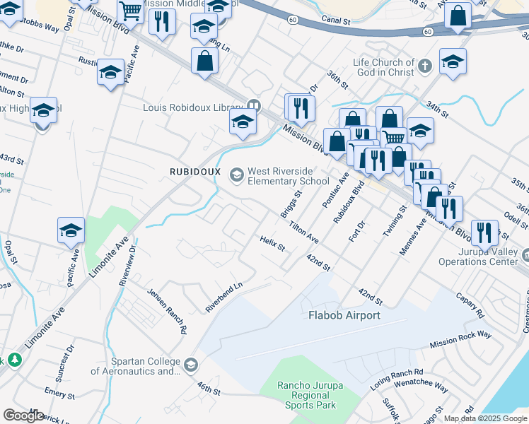 map of restaurants, bars, coffee shops, grocery stores, and more near 5748 Tilton Avenue in Riverside