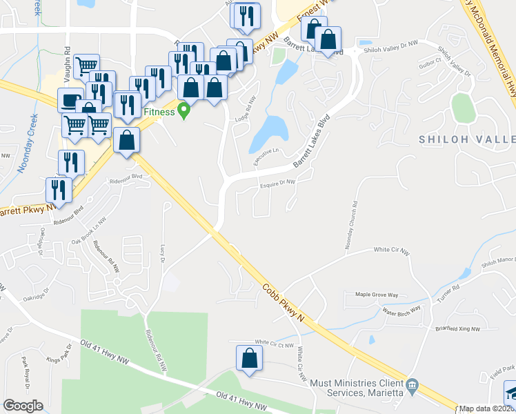 map of restaurants, bars, coffee shops, grocery stores, and more near 1100 Executive Lane in Kennesaw