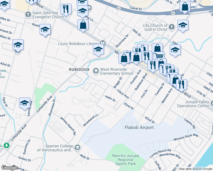 map of restaurants, bars, coffee shops, grocery stores, and more near 5746 Sky Meadow Street in Riverside
