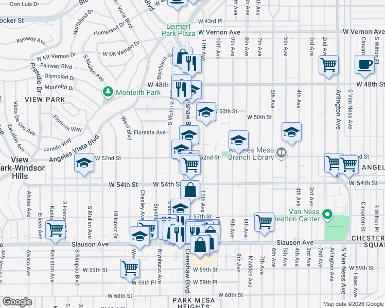 map of restaurants, bars, coffee shops, grocery stores, and more near 5301 Crenshaw Boulevard in Los Angeles