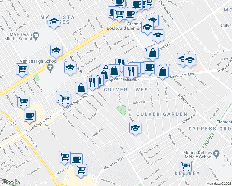 map of restaurants, bars, coffee shops, grocery stores, and more near 4124 Wade Street in Los Angeles