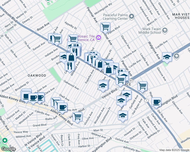 map of restaurants, bars, coffee shops, grocery stores, and more near 902 Marco Place in Los Angeles