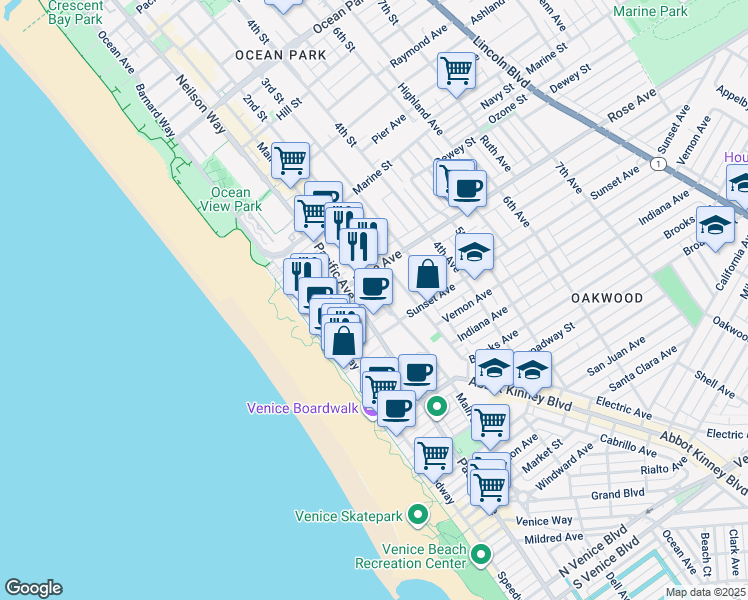map of restaurants, bars, coffee shops, grocery stores, and more near 105 Paloma Avenue in Los Angeles