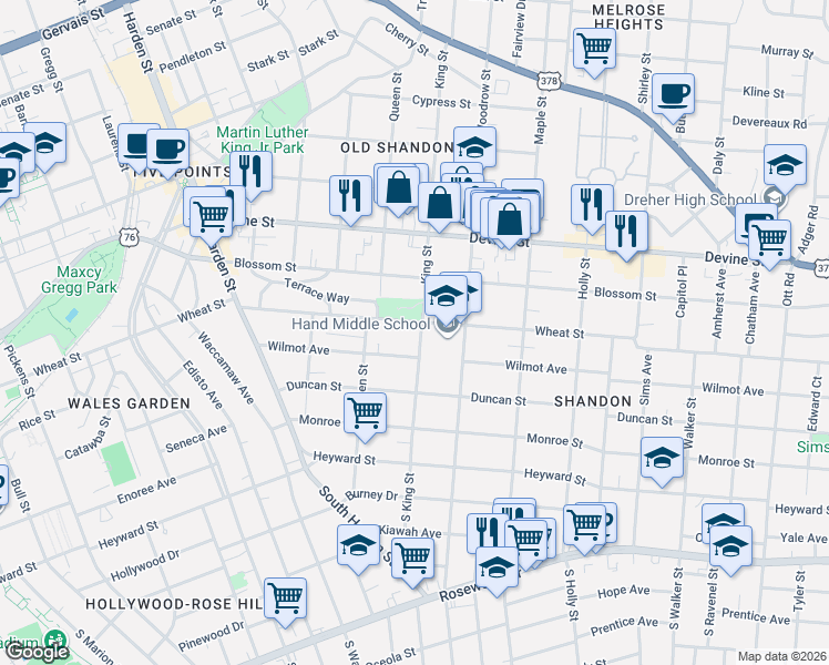 map of restaurants, bars, coffee shops, grocery stores, and more near 403 King Street in Columbia