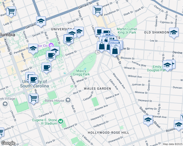 map of restaurants, bars, coffee shops, grocery stores, and more near 1800 Wheat Street in Columbia