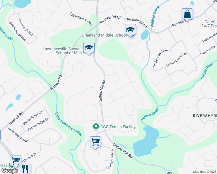 map of restaurants, bars, coffee shops, grocery stores, and more near 1491 Collins Hill Road in Lawrenceville