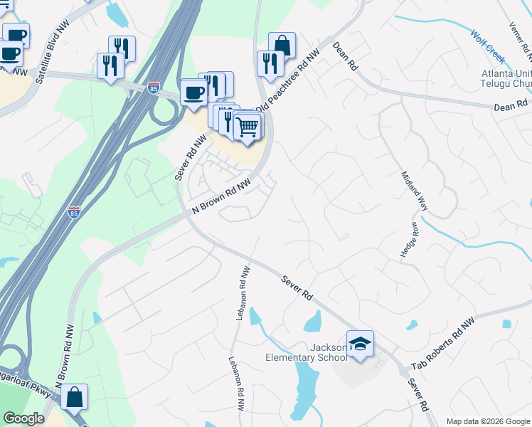 map of restaurants, bars, coffee shops, grocery stores, and more near 1638 Legrand Circle Northwest in Lawrenceville