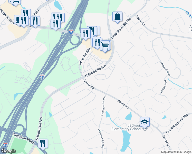 map of restaurants, bars, coffee shops, grocery stores, and more near 1718 Legrand Circle Northwest in Lawrenceville