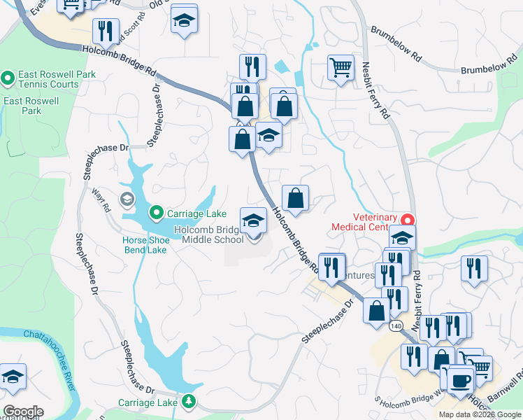map of restaurants, bars, coffee shops, grocery stores, and more near 530 South Riversong Lane in Alpharetta