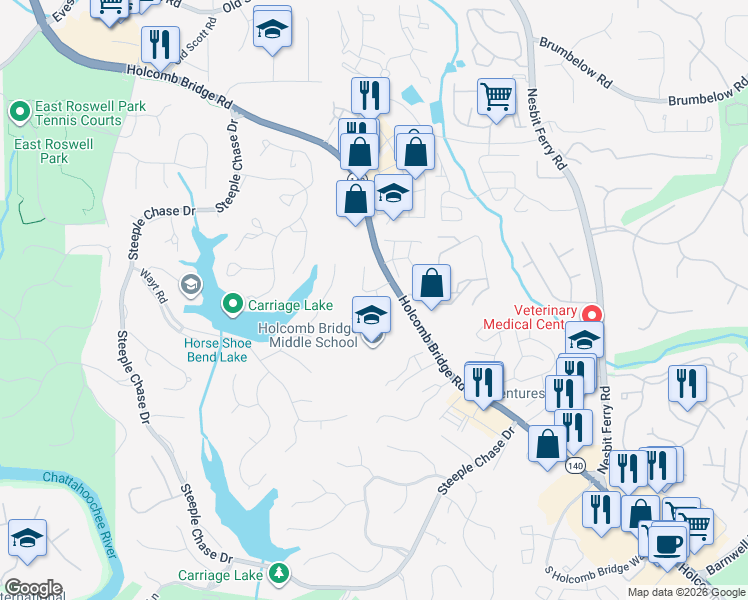 map of restaurants, bars, coffee shops, grocery stores, and more near 5 North Riversong Court in Alpharetta