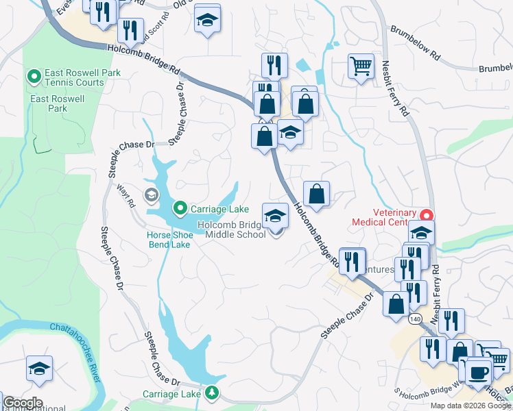 map of restaurants, bars, coffee shops, grocery stores, and more near 285 Watercress Drive in Roswell