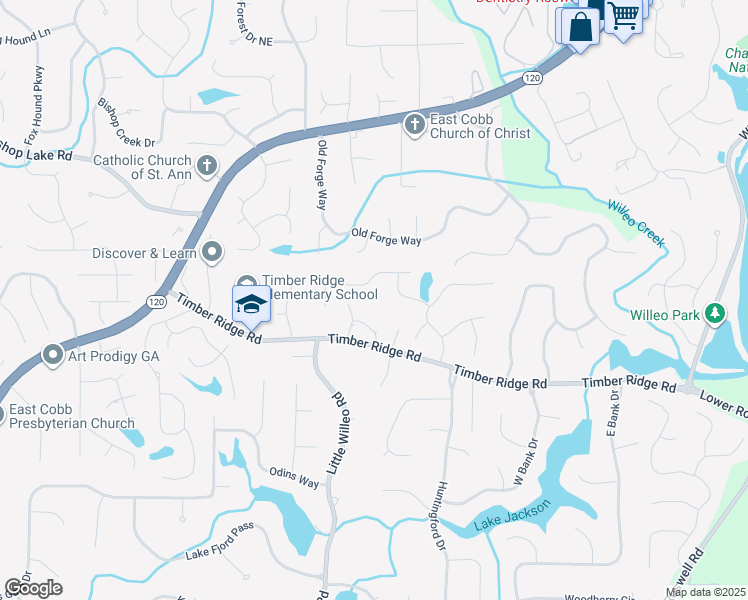 map of restaurants, bars, coffee shops, grocery stores, and more near 5125 Timber Ridge Road in Marietta