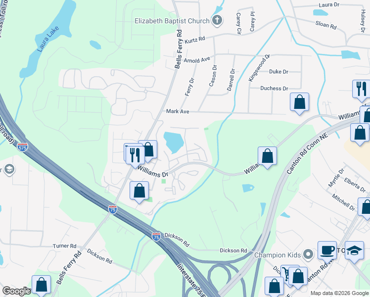 map of restaurants, bars, coffee shops, grocery stores, and more near 425 Williams Drive in Marietta