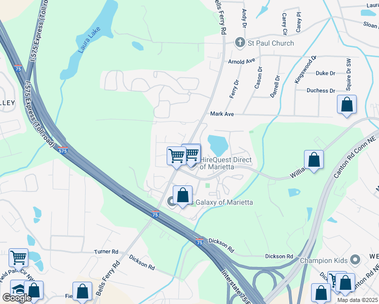 map of restaurants, bars, coffee shops, grocery stores, and more near 543 Harbor Lake Court in Marietta