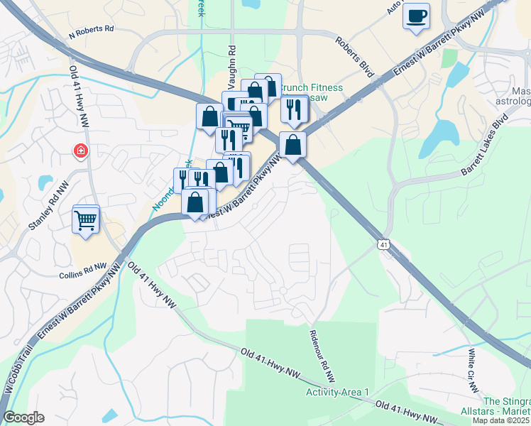 map of restaurants, bars, coffee shops, grocery stores, and more near 1723 Oak Brook Lane Northwest in Kennesaw