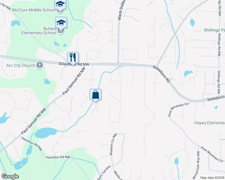 map of restaurants, bars, coffee shops, grocery stores, and more near 1658 Duxbury Lane Northwest in Kennesaw