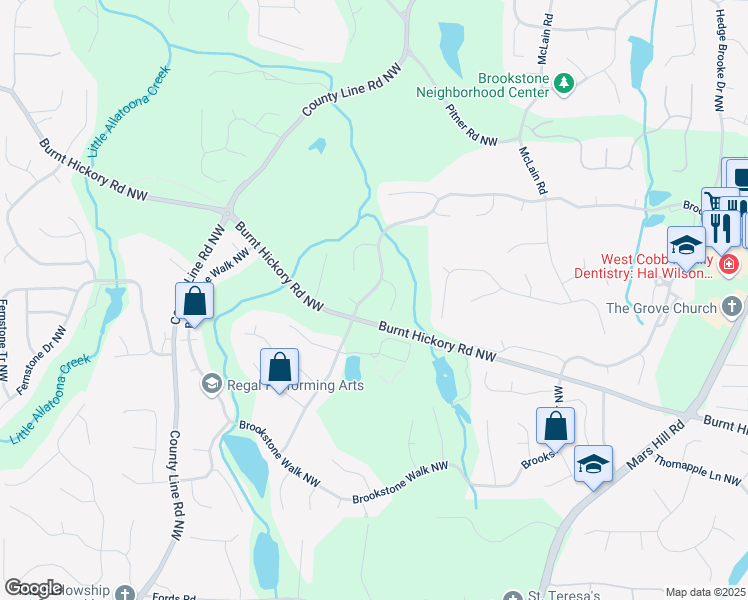 map of restaurants, bars, coffee shops, grocery stores, and more near 5663 Brookstone Drive Northwest in Acworth