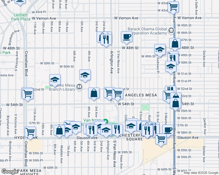 map of restaurants, bars, coffee shops, grocery stores, and more near 5157 Arlington Avenue in Los Angeles