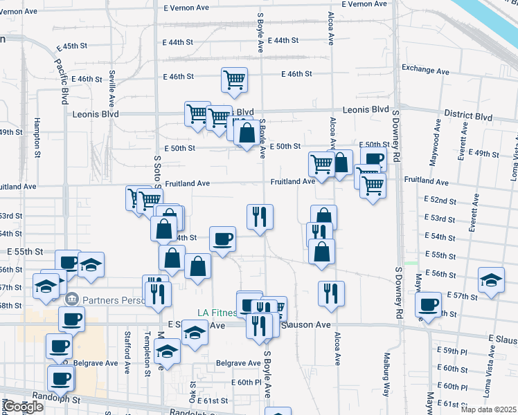 map of restaurants, bars, coffee shops, grocery stores, and more near 5215 South Boyle Avenue in Vernon