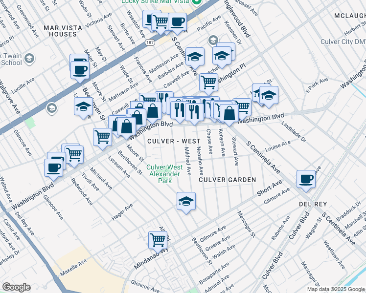 map of restaurants, bars, coffee shops, grocery stores, and more near 4182 McConnell Boulevard in Los Angeles