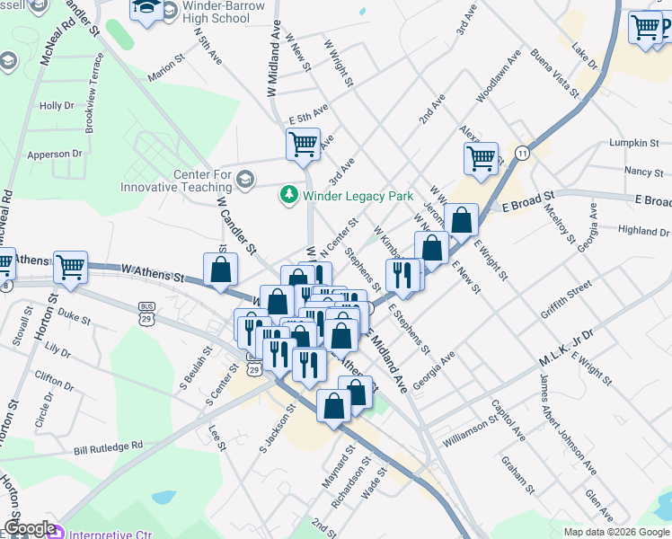 map of restaurants, bars, coffee shops, grocery stores, and more near 15 West Midland Avenue in Winder