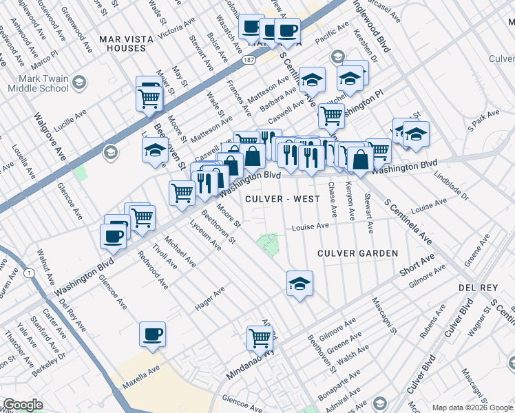 map of restaurants, bars, coffee shops, grocery stores, and more near 4124 Wade Street in Los Angeles