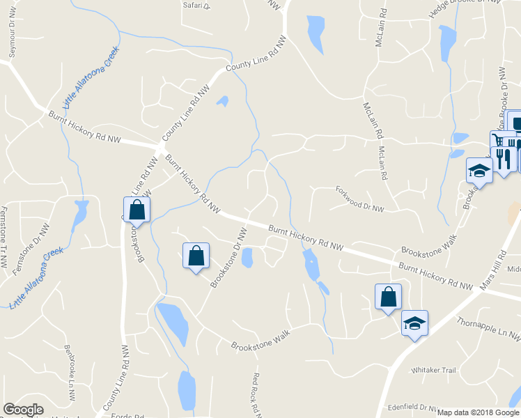map of restaurants, bars, coffee shops, grocery stores, and more near 5663 Brookstone Drive Northwest in Acworth