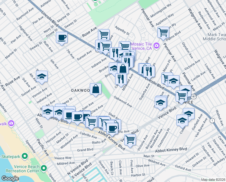 map of restaurants, bars, coffee shops, grocery stores, and more near 1414 Oakwood Avenue in Los Angeles