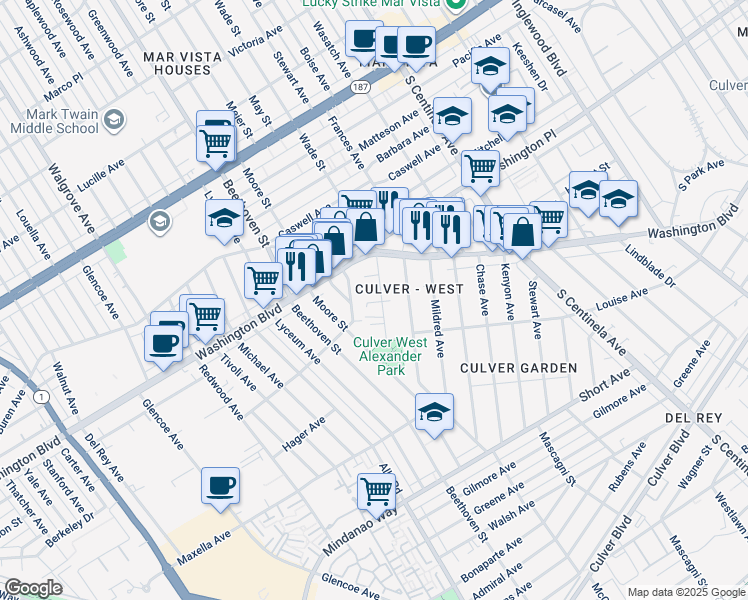 map of restaurants, bars, coffee shops, grocery stores, and more near 4061 Wade Street in Los Angeles