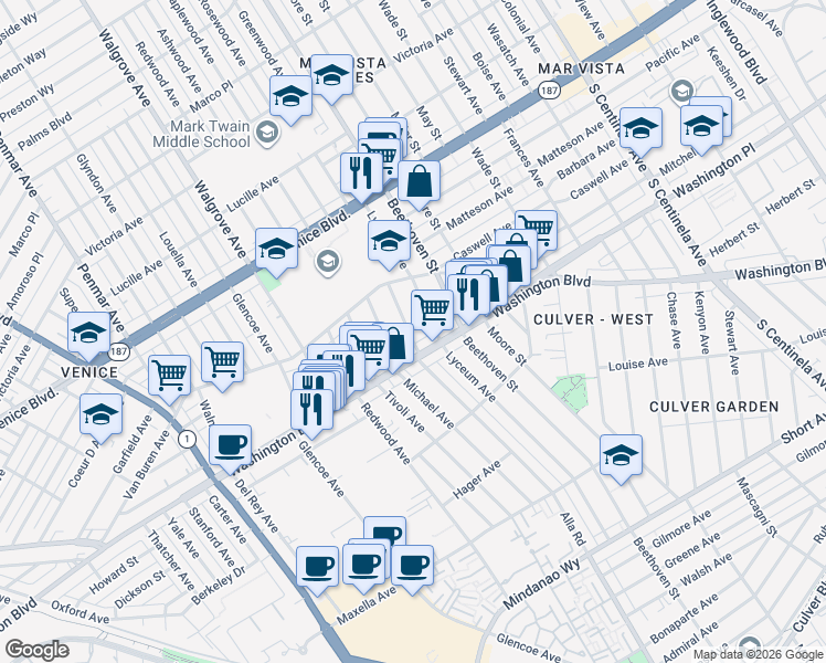 map of restaurants, bars, coffee shops, grocery stores, and more near 3962 Alla Road in Los Angeles