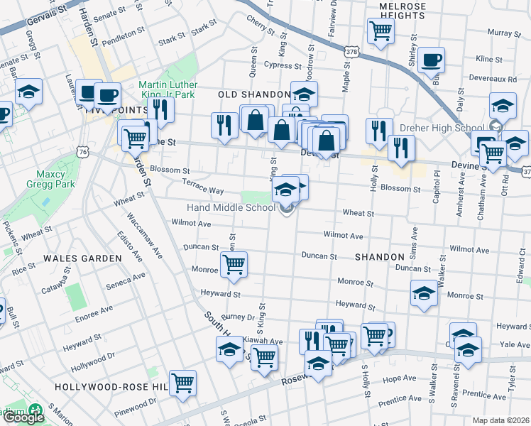 map of restaurants, bars, coffee shops, grocery stores, and more near 403 King Street in Columbia