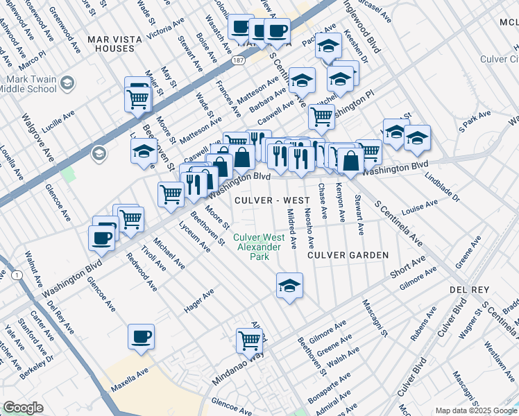 map of restaurants, bars, coffee shops, grocery stores, and more near 4058 Wade Street in Los Angeles