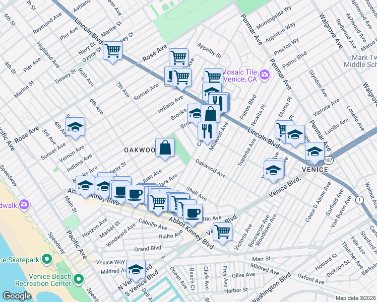 map of restaurants, bars, coffee shops, grocery stores, and more near 1102 Oakwood Avenue in Los Angeles