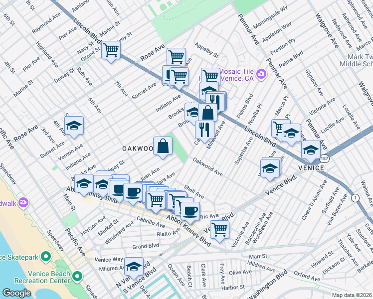 map of restaurants, bars, coffee shops, grocery stores, and more near 1102 Oakwood Avenue in Los Angeles