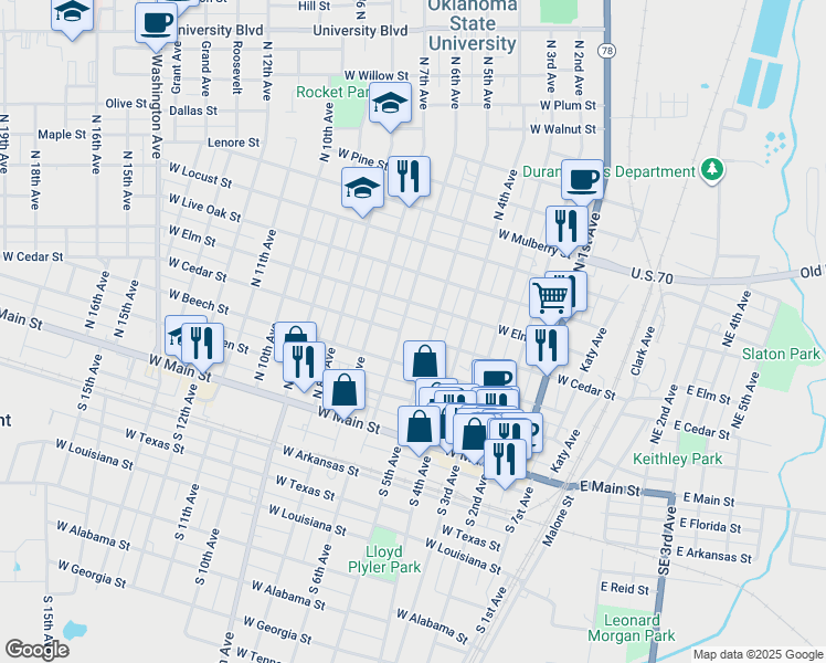 map of restaurants, bars, coffee shops, grocery stores, and more near 410 North 6th Avenue in Durant