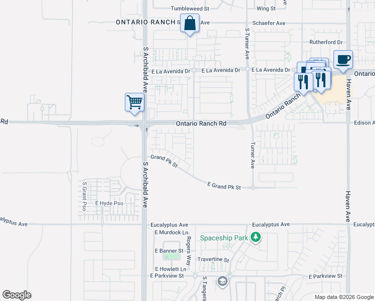 map of restaurants, bars, coffee shops, grocery stores, and more near 4301 South Gasly Paseo in Ontario