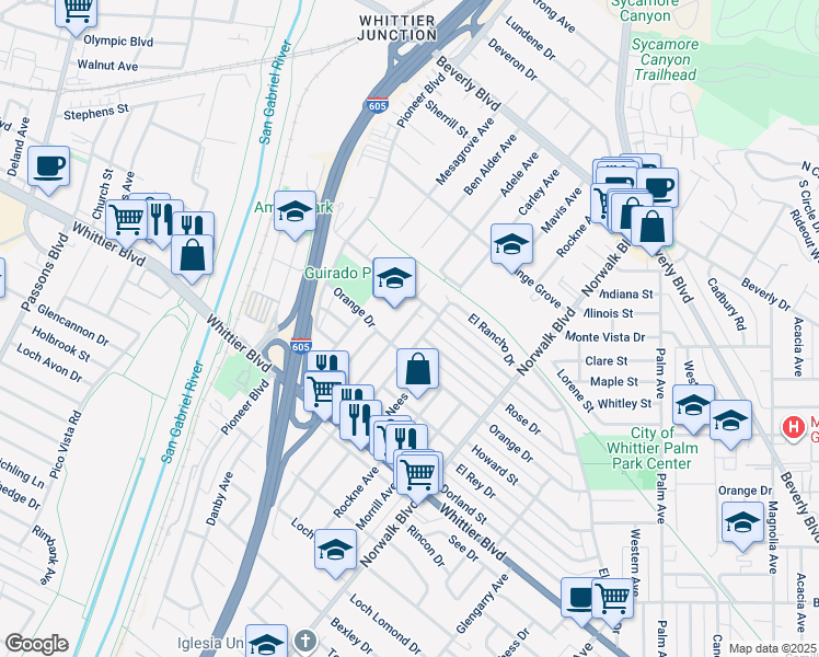 map of restaurants, bars, coffee shops, grocery stores, and more near 5776 Lockheed Avenue in Whittier