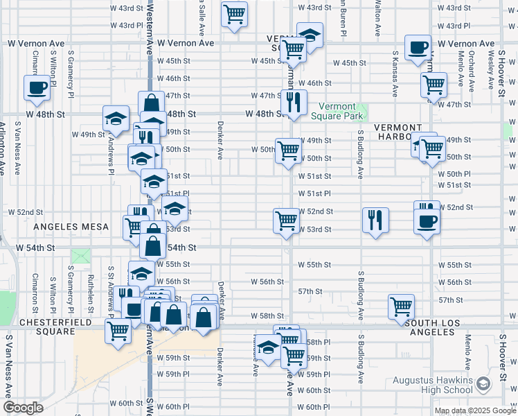 map of restaurants, bars, coffee shops, grocery stores, and more near 1453 West 53rd Street in Los Angeles