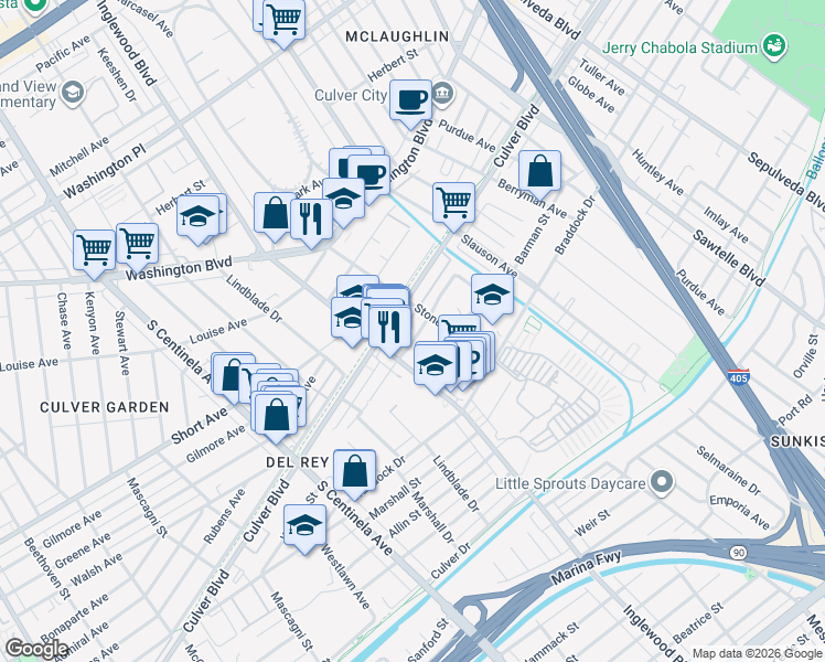 map of restaurants, bars, coffee shops, grocery stores, and more near 11929 Wagner Street in Culver City