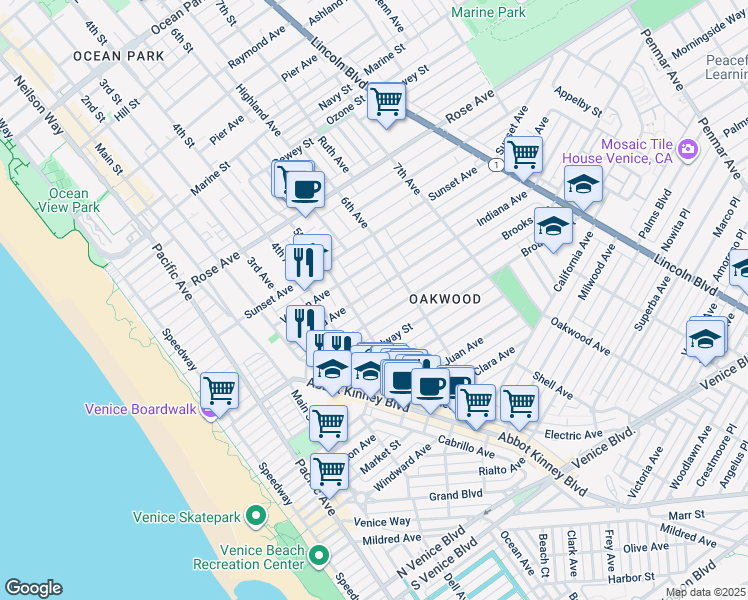 map of restaurants, bars, coffee shops, grocery stores, and more near 522 Indiana Avenue in Los Angeles