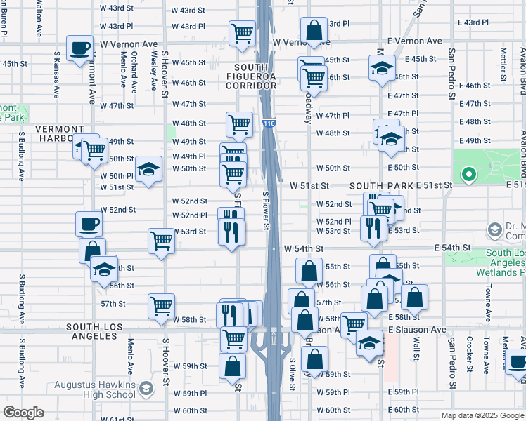 map of restaurants, bars, coffee shops, grocery stores, and more near 417 West 52nd Place in Los Angeles