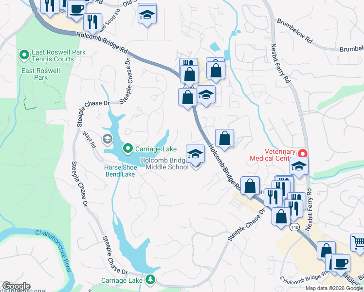 map of restaurants, bars, coffee shops, grocery stores, and more near 330 Watercress Drive in Roswell