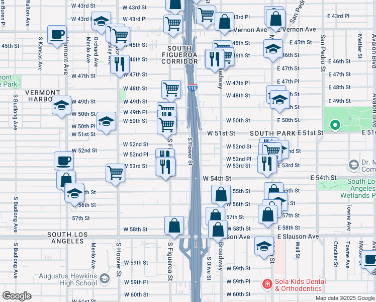 map of restaurants, bars, coffee shops, grocery stores, and more near 417 West 52nd Place in Los Angeles