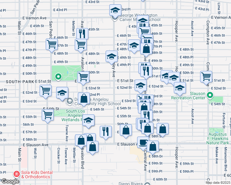 map of restaurants, bars, coffee shops, grocery stores, and more near 891 East 52nd Street in Los Angeles