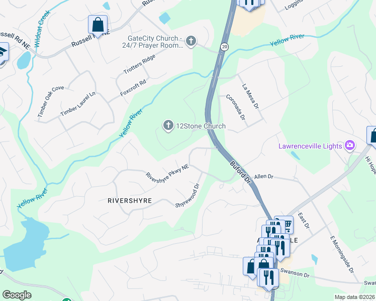 map of restaurants, bars, coffee shops, grocery stores, and more near 1234 Riverloch Way in Lawrenceville