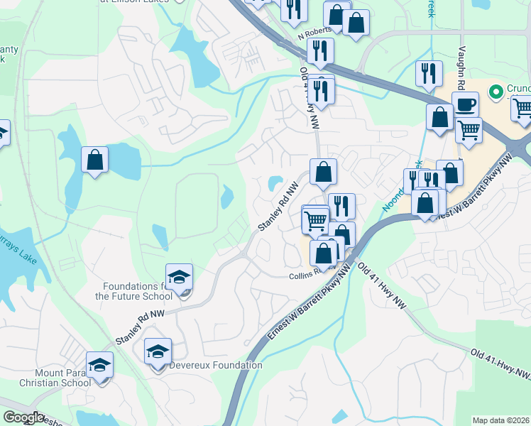 map of restaurants, bars, coffee shops, grocery stores, and more near 1854 Stancrest Trc Northwest in Kennesaw