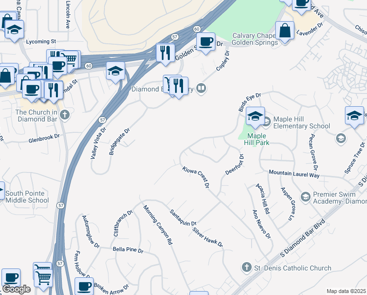 map of restaurants, bars, coffee shops, grocery stores, and more near 21955 Birds Eye Drive in Diamond Bar