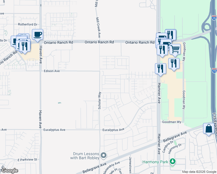 map of restaurants, bars, coffee shops, grocery stores, and more near 4011 East Coronado Privado in Ontario